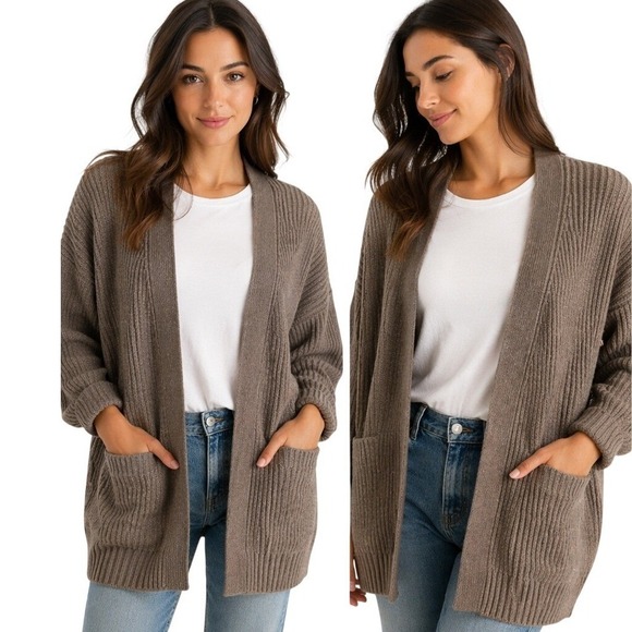 Quince Sweaters - Quince Women's 100% Organic Cotton Oversized Open Cardigan Heather Brown Size XS